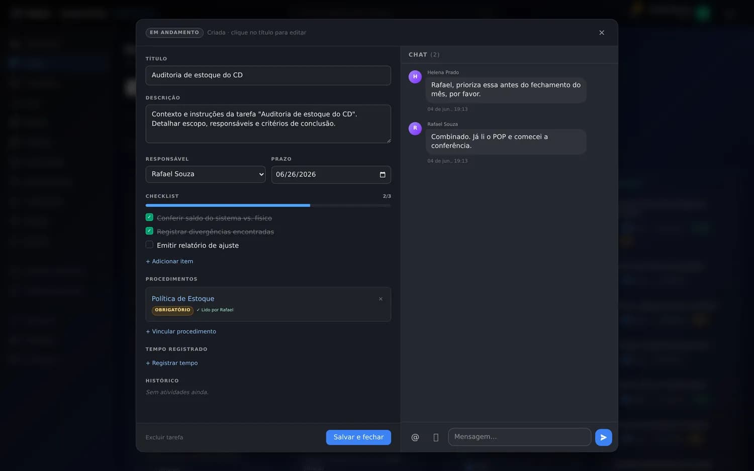 Tarefa com checklist e POP obrigatório já confirmado, e o chat da equipe