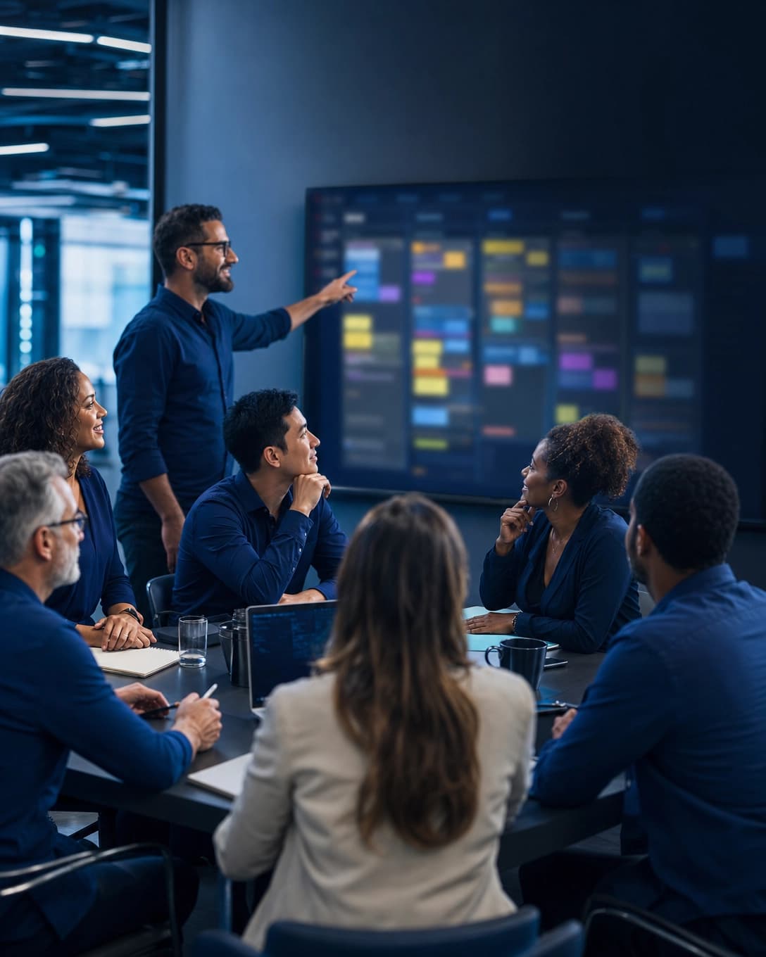 Gestor apresentando um quadro Kanban para a equipe