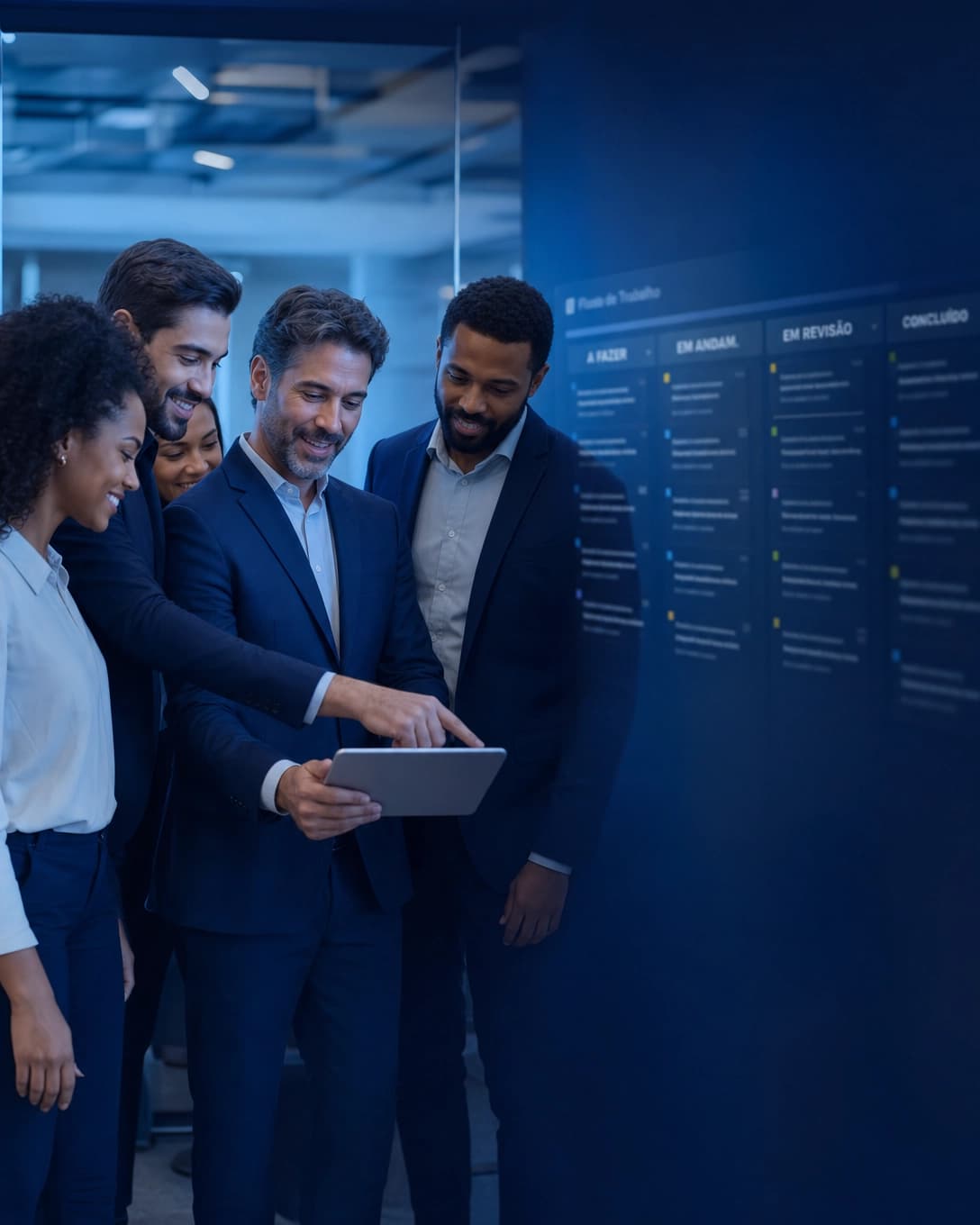 Gestores e equipe coordenando tarefas em um quadro Kanban