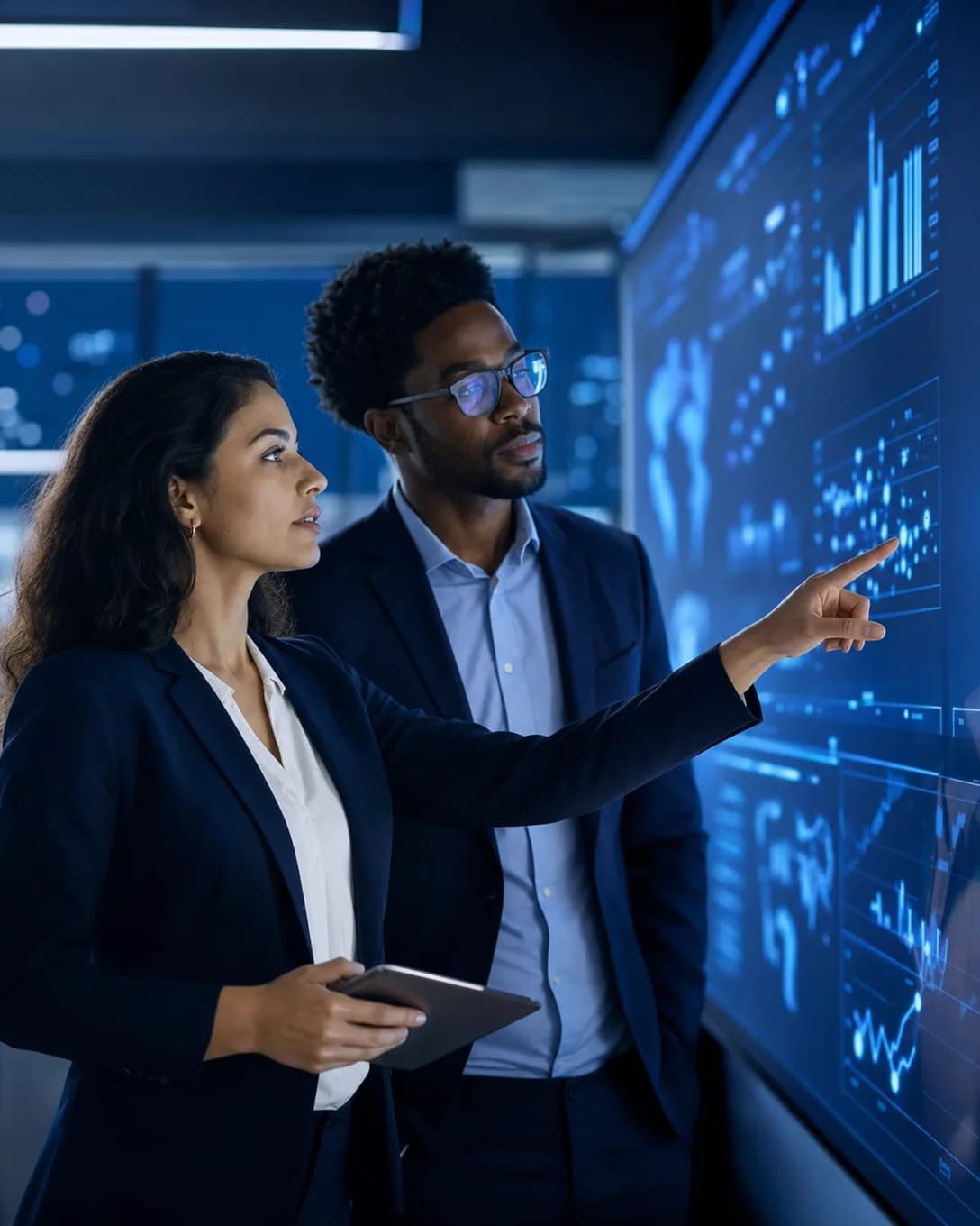Profissionais analisando indicadores e gráficos em tempo real
