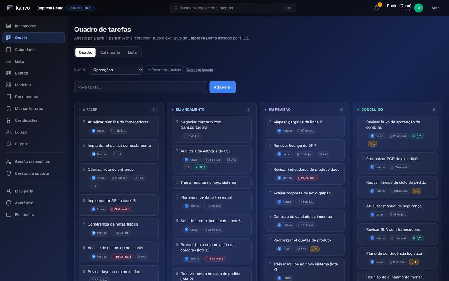 Quadro Kanban do Kanvo com tarefas, prazos e responsáveis