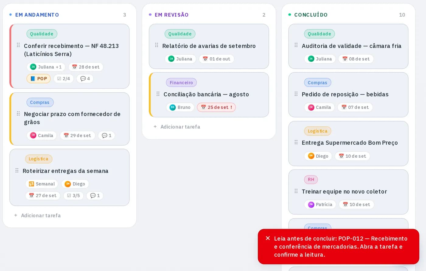 Quadro do Kanvo com o aviso: leia antes de concluir o POP-012