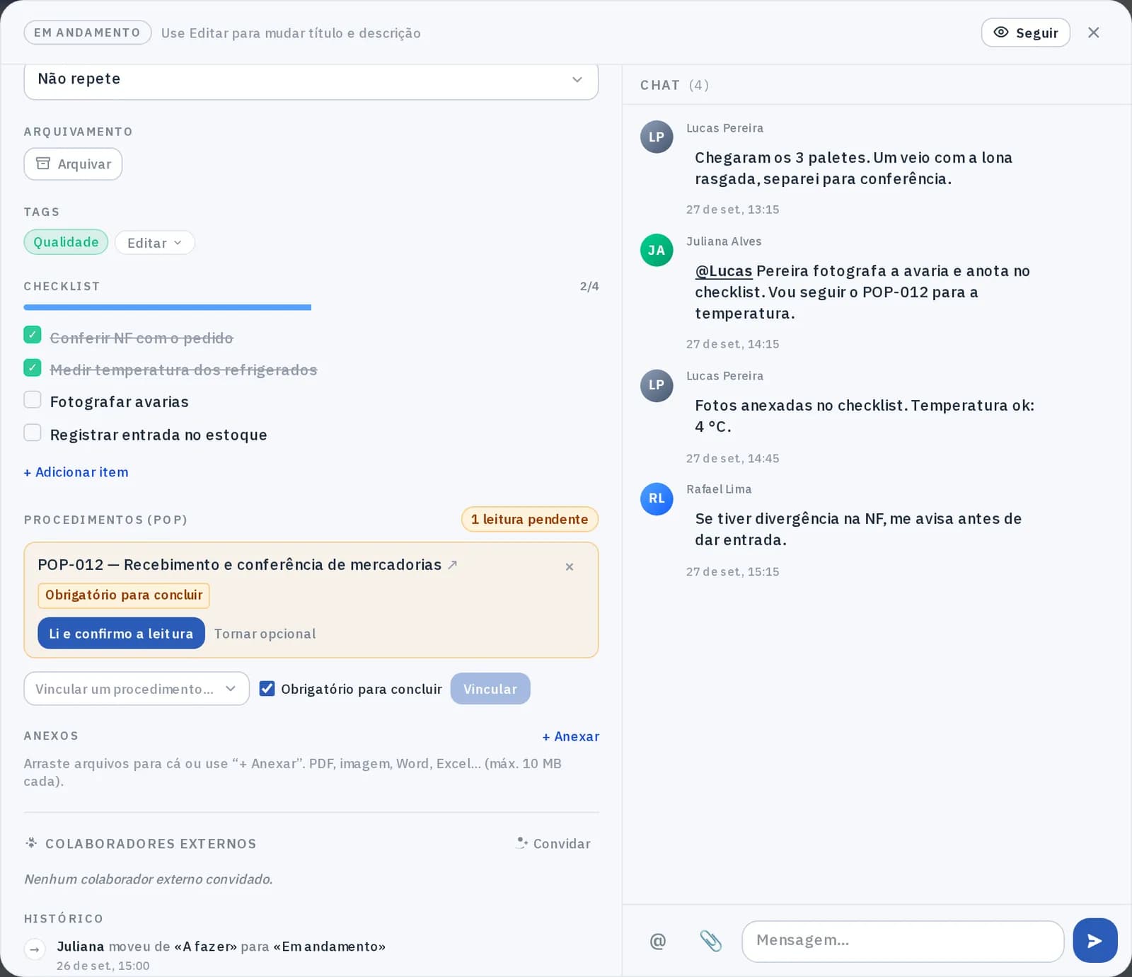 Tarefa aberta com checklist, procedimento obrigatório confirmado e o chat da equipe